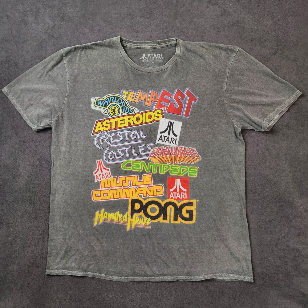 Atari Shirt Men Large Gray Sticker Collage Cotton Graphic Tee Asteroids Gravitar